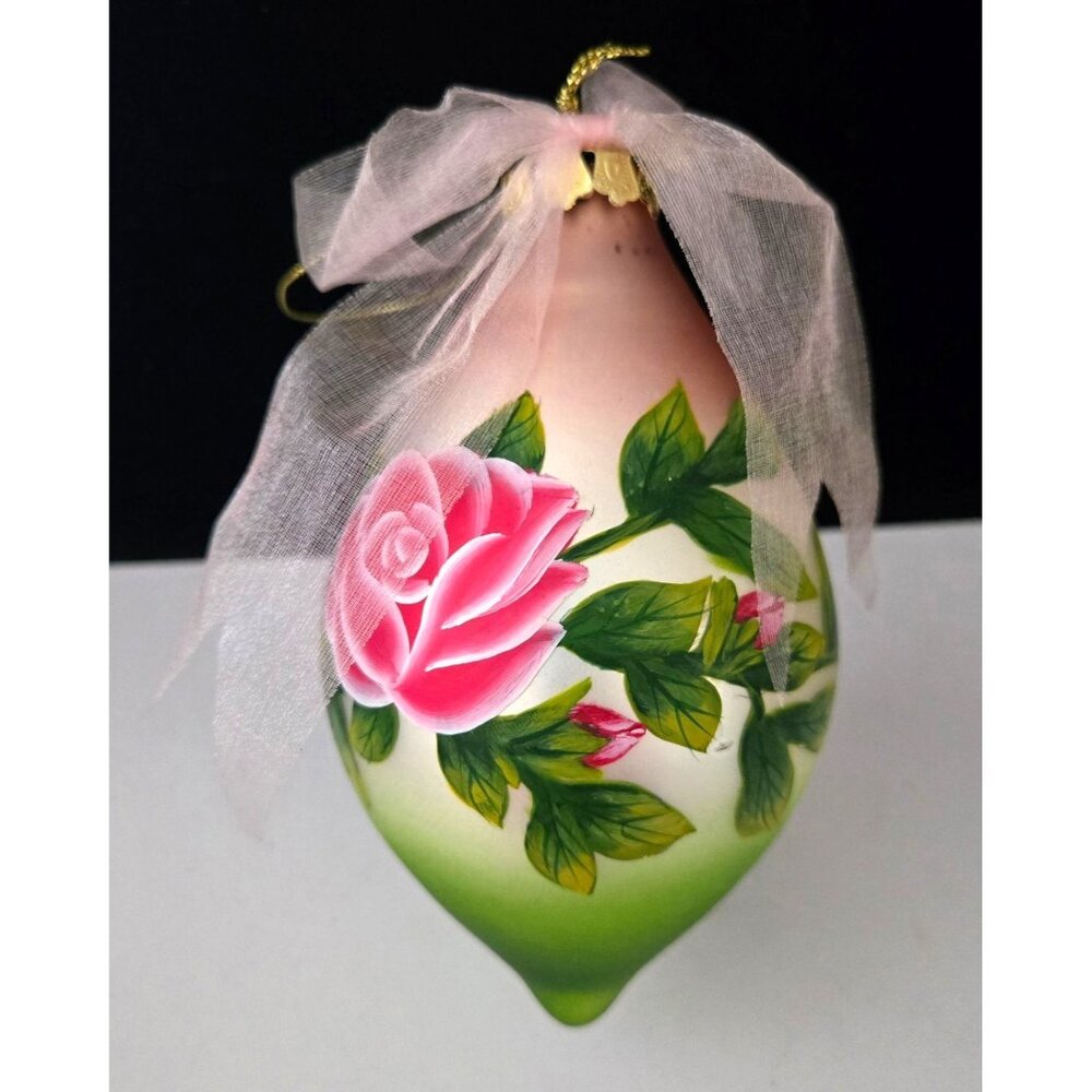 Hand-Painted Glass Rose Ornament With Pink Ribbon & Gold Accent